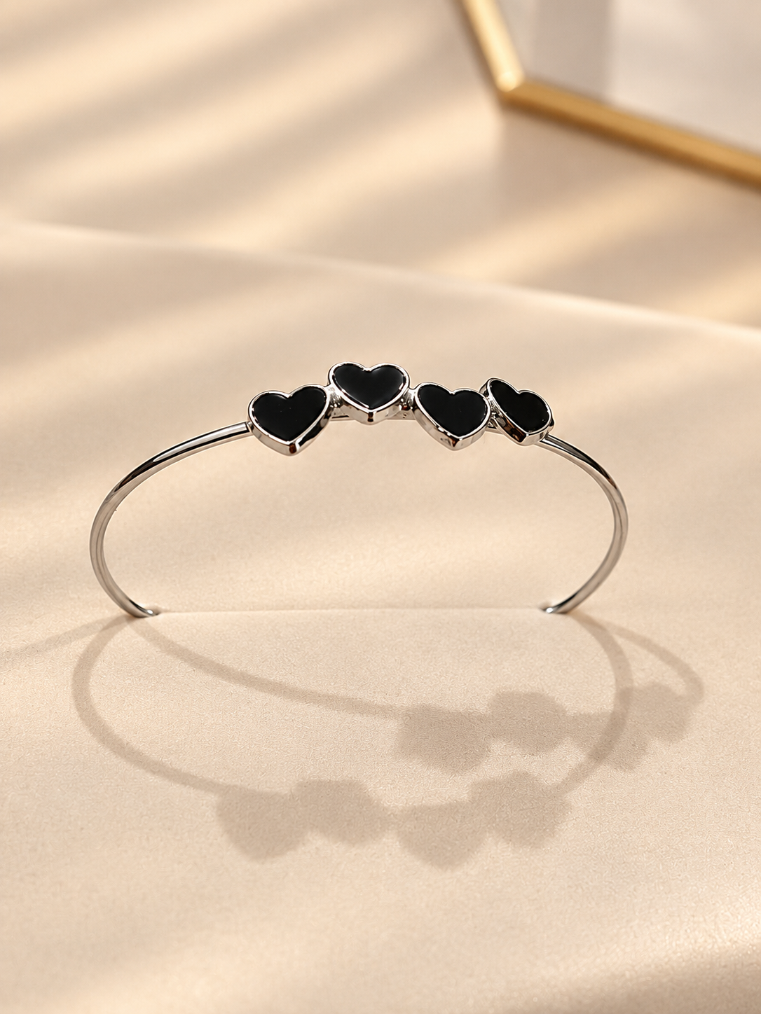 Silver Black Heart Cuff Bracelet
