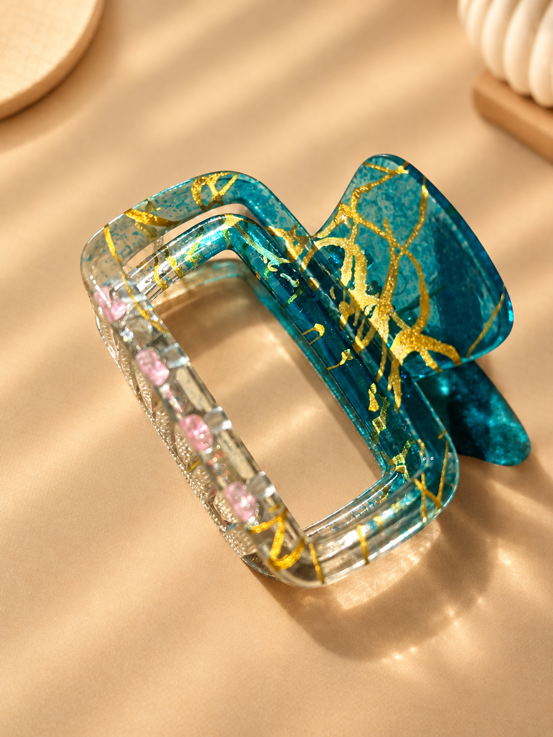 Teal Blue & Gold-Accent Hair Claw Clip